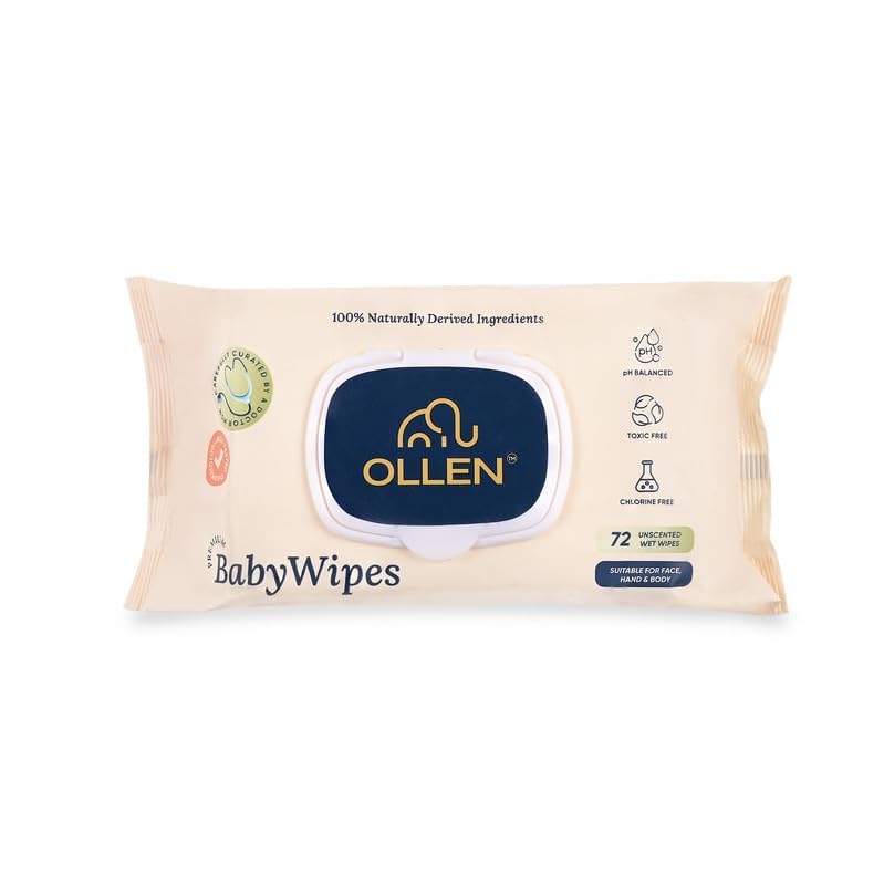 Image of OLLEN Pure water Unscented Baby Wipes with lid- Safe, 100% Plant Made Fabric, Cotton Cloth Like Super thick, Dermatologically Tested- Natural Wet Wipes with Aloe vera & Chamomile (Pack of 1)