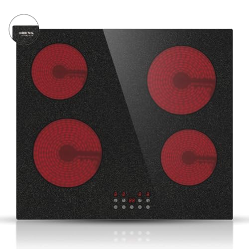 STARCHARTS Placa eléctrica de cerámica integrada BRC4001-S, 4 quemadores con control táctil de sensor, indicador de calor residual, 6000 W, vidrio italiano ILVA, color negro