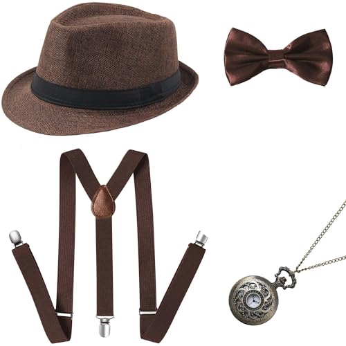 Image of BABEYOND 1920s Mens Gatsby Gangster Accessories Set Panama Hat Suspender Bow Tie