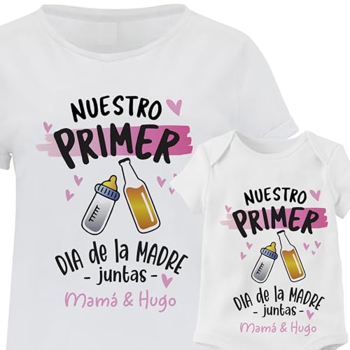 Evyre Regalo Camiseta día de la Madre Personalizada Nombre Primer Conjunto Familia Mama mamá Hijo Pack Original Divertido Bebe Body Infantil brindis Mother Amor Brindis Cerveza