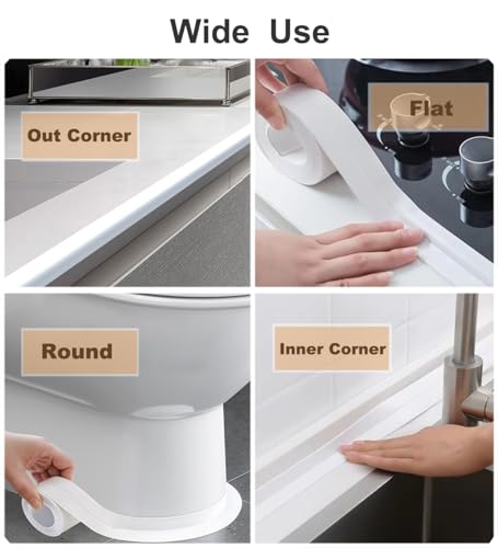 Image of White Caulk Tape for Bath & Kitchen,2 Rolls Caulking Tape Sealant Strip for Bathroom,Self Adhesive Caulk Strip tub Surround,Toilet Bowl Stick on Gel,Corner Kitchen Countertop Sealing Tool