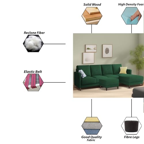 Image of Baloney RHS 6 Seater L Shape Sofa Set with Center Table for Living Room (Green Fabric) Premium Fabric Sofa