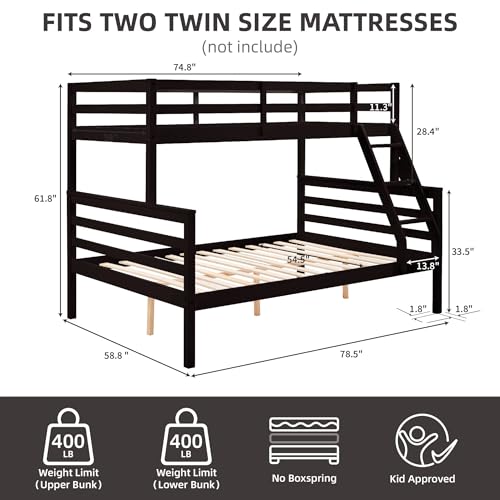 Image of Softa Twin Over Full Bunk Bed with Ladder,Wooden Bunk Bed with High Guardrail and Ladder for Kids, Teens, Dorm Rooms, and Guest Rooms,No Box Spring Needed