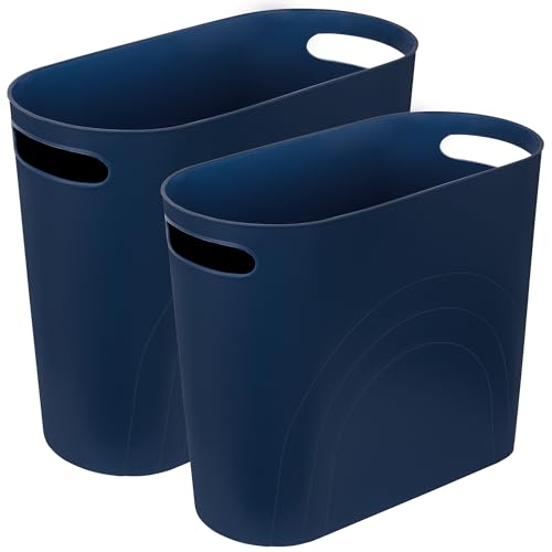 Image of rejomiik Small Trash Can, 3.5 Gallon Slim Garbage Can Plastic Waste Basket with Handles Container Bin for Narrow Spaces Bathroom, Bedroom, Kitchen, Office at Home, 2 Pack Navy