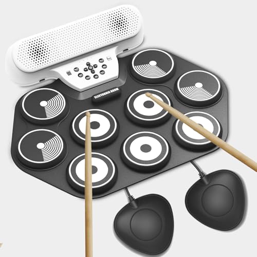 9-Pad Electric Drum Set for Kids & Beginners - Portable Roll Up Electronic Drum with 0.4' Thickened...