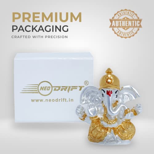 Image of Neodrift Ganesh Idol for Car Dashboard (Real 24kt & 999 Silver Plated, Dual-Tone Gold & Silver) (Model ND01) - Enhance Your Drive