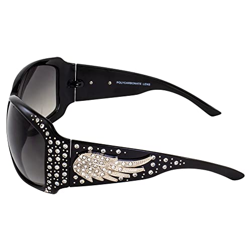 Rodeo Queen Angel Women’s Fashion Sunglasses Black Frame w/Bling Rhinestones & Smoke Gradient Lens3