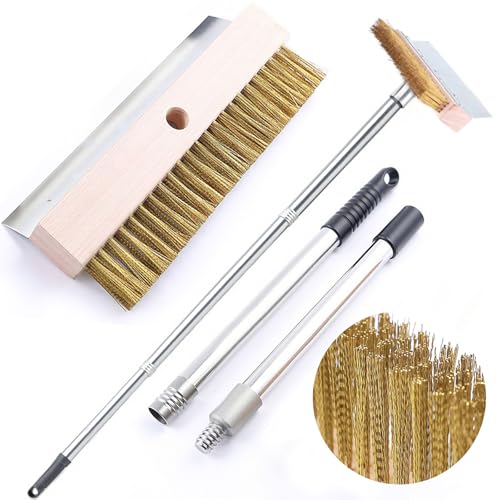 Pizza Oven Brush with Scraper - Heavy Duty 31 Long Wooden Handle & Brass Bristles Detachable BBQ Grill Cleaning Tool for Pizza Stone Outdoor Kitchen Commercial/Home Use