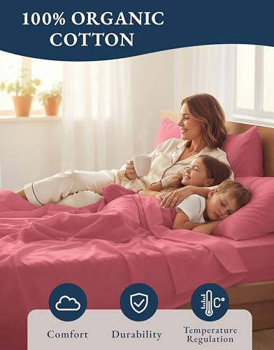 Image of LANE LINEN 100% Organic Cotton Eco Friendly Bed Sheets Extra Long Twin, Soft & Comfy Fully Elasticized Percale, Low Pilling Machine Washable Naturally Cool Twin XL Sheet- Mineral Red