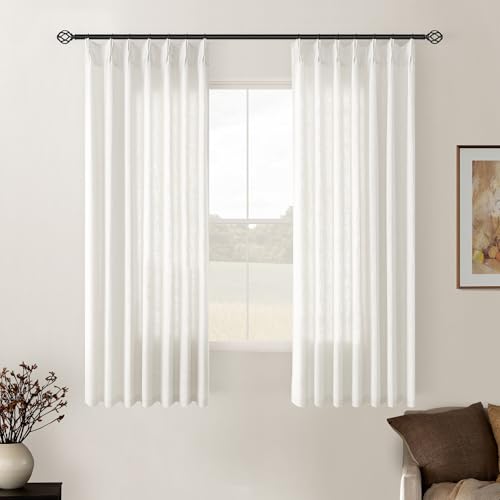 Image of TWODRAPES Beige White Pinch Pleated Linen Curtains 2 Panels for Living Room Bedroom Memory Training Shaped Semi Sheer Pleat Drapes with Hooks Rings Light Filtering Window Curtain 40x54