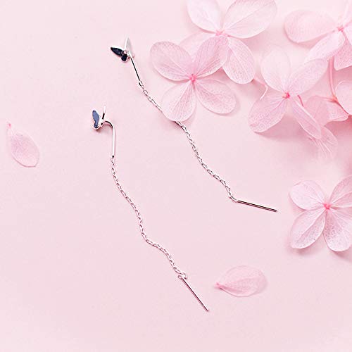 Minimalist Little Butterfly Tassel Chain Dangle Drop Earrings S925 Sterling Silver for Women Girls Cute Simple Threader Long Chain Statement Studs Earring Dangling Fashion Jewelry Gifts BFF4