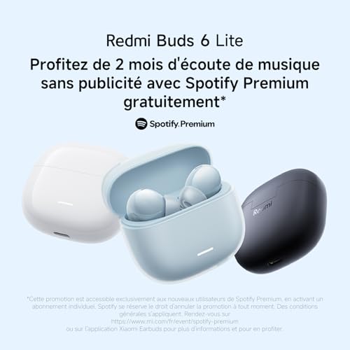 XIAOMI Redmi Buds 6 Lite - Casque sans Fil Bluetooth，ecouteurs Bluetooth Intra-auriculaire, Conducteurs 12.4 mm, 40 DB d'annulation Active du Bruit, jusqu'à 38 Heures d'autonomie, 4 réglages EQ,Blanc