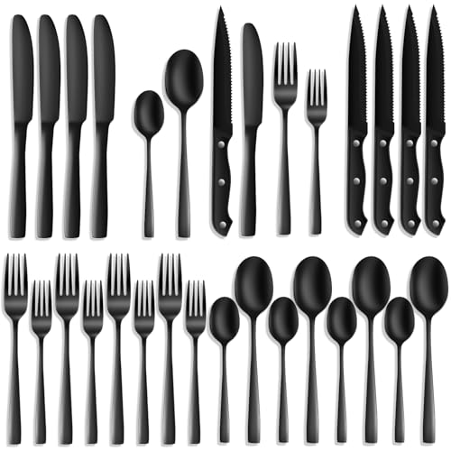 DASEEINE 24-Piece Black Silverware Set for 4, Stainless Steel Flatware Set with Steak Knives & Utensil Sets - Mirror Finish Cutlery for Home & Restaurant