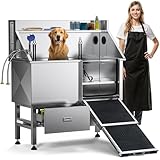 DWVO Professional 50in Dog Bathing Station, Stainless Steel 304 Pet Grooming Tub w/Right Door Ramp, 2 Storage Drawers & Grate, Pet Washing Station for Small, Medium, Large Dogs