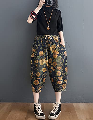 VIEWON Women's Denim Jeans Print Drawstring Elastic Waist Casual Loose Cotton Harem Pants4