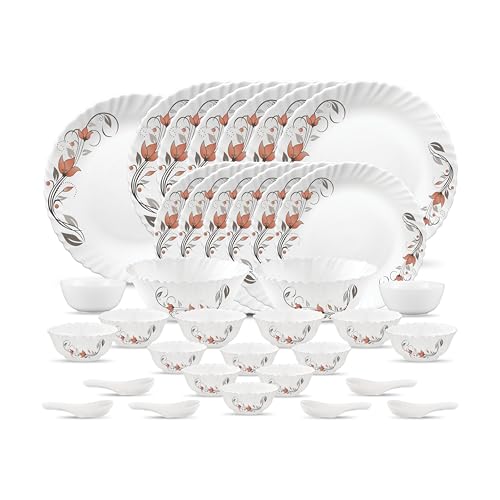 Image of La Opala Novo Collection Opal Glass Crockery | for Family of 6 | Dinner Set 35 pcs Scarlet Blooms | Plates & Bowls for Dining | Microwave Safe | 100% Vegetarian | Extra Strong | Light & White