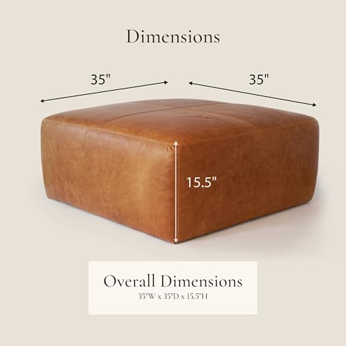 Image of POLY & BARK Sequoia Ottoman - 35 inch Square Pouf with Feather-Down Topper - Full-Grain Leather Upholstered Pouf Ottoman for Living Room - Vintage Italian Leather in Cognac Tan
