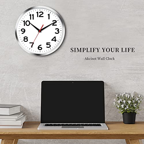 Akcisot Wall Clock 10 Inch Silent Wall Clocks Battery Operated Non Ticking - Modern Silver Clock Decorative For Kitchen, Bathroom, Bedroom, Living Room, Office, Home #TOP6