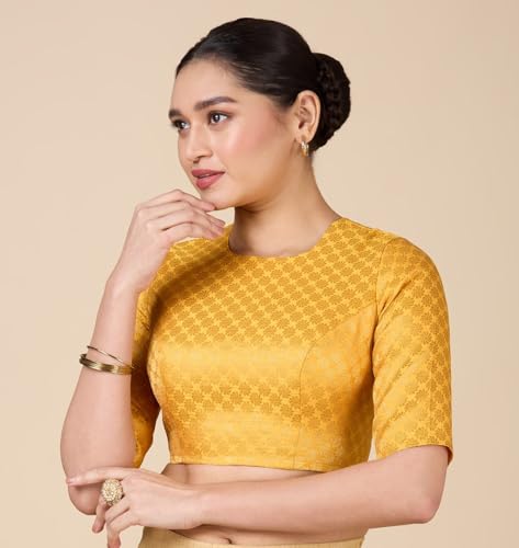 Image of Studio Shringaar Women Brocade Silky Jewel Neck Readymade Elbow Length Sleeve Saree Blouse