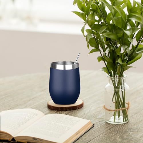 Image of MEZMUT 12 Oz Insulated Wine Tumbler with Lid Double Wall Vacuum Stainless Steel Wine Glass Coffee Mug Insulated Tumbler Cup for Champaign, Cocktail, Beer (Navy, 1 Pack)