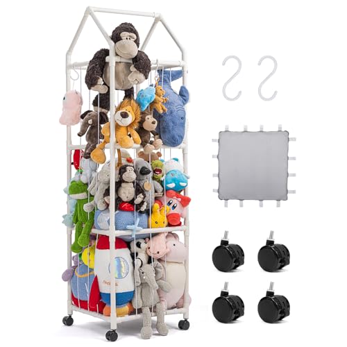 Mimoment Stuffed Animal Zoo Storage, Extra Large Stuffed Animal Holder with Dust Cloth and Universal Wheels, Toy Storage Organizer, Plush Storage Organizer Shelf for Birthday Gift, Nursery Play Room