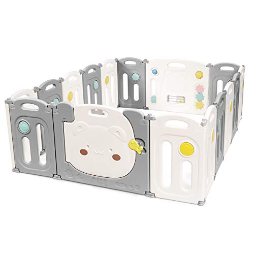 GOPLUS Parc Bébé Pliable en HDPE Écolo et Non-toxique, Parc Enfant Modulable de Jeu avec Porte et Jeu Extensible pour Enfants de 3 Mois à 6 Ans (Gris, 16 Panneaux) Cover