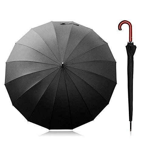 Becko Stick Tote Umbrella, Durable and Strong Enough for The Fierce Wind and Heavy Rain, Unisex Golf Umbrella, Color Black or Clear, with J-Handle / 16 Ribs (Black J-Handle16 Ribs)