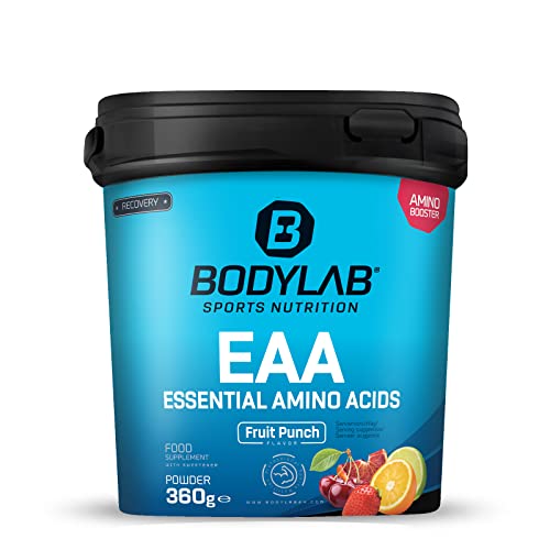 Bodylab24 EAA Essential Amino Acids Ponche de frutas 360 g, 8 aminoácidos essenciais em altas doses, todos os BCAA e EAA incluídos, vitamina B6, pó EAA, delicioso sabor frutado