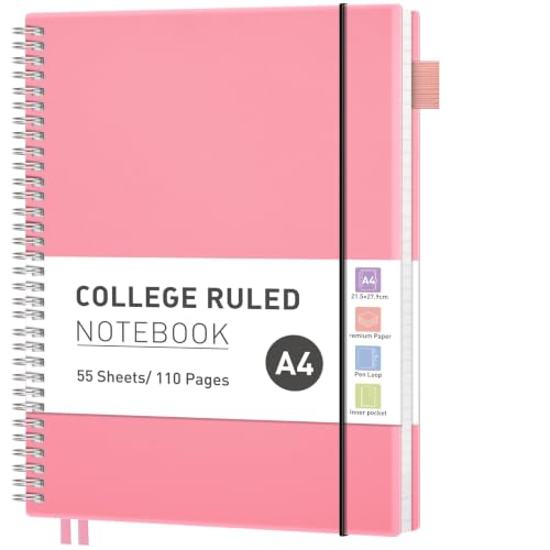 RETTACY A4 Spiral Notebook Lined Journal Notepad 110 Pages Pink
