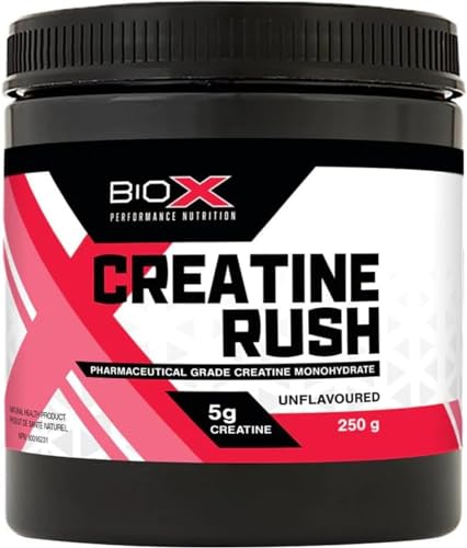 BioX Creatine Rush | 5g Creatine Monohydrate | 100% Pure Micronized Creatine Monohydrate Supplement | Increased Strength, Muscle Growth, & Performance | Unflavoured, 50 Servings (250g)