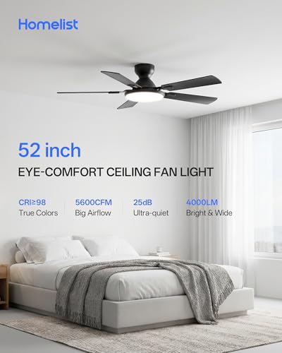 Homelist Ceiling Fans with Lights 52 Inch, Low Profile Flush Mount Fan, Quiet 6 Speeds DC Reversible Motor, 3CCT Dimmable LED, Remote Control for Living Room, Bedroom, Kids Room, Matte Black — view 2