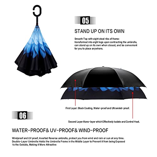 Image of MRTLLOA 40 /49 /56 Inch Oversize Windproof Inverted Reverse Upside Down Umbrella, Golf Size Rain Umbrella, Double Layer, C-Shaped Handle for Men, Women and Kids (Blue Daisy, 49 Inch)