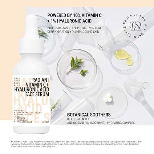 OH SO GOOD ORGANICS Radiant Vitamin C + Hyaluronic Acid Serum for Face, Vitamin C Face Serum, Hyaluronic Acid Moisturizer, Infused with Pro-Vitamin B4, Aloe, Rosehips and Organic Extracts