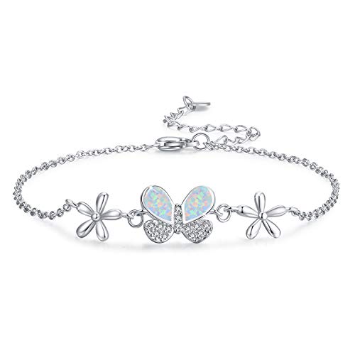 925 Sterling Silver Opal Butterfly Bracelet, Butterfly Daisy Flower Dainty Bracelet, Butterfly Jewelry Opal Jewelry Valentine Gift for Women Wife Girlfriend Daughter Butterfly Lovers