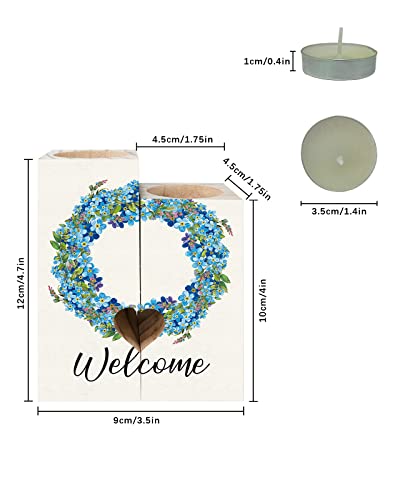 Blue Flower Candle Holders Set, Wooden Tealight Candle Holder Gifts For Women, Watercolor Floral Rustic Botanical Wreath Burlap Candlesticks Holder Decor For Wedding Dinning Party #TOP2
