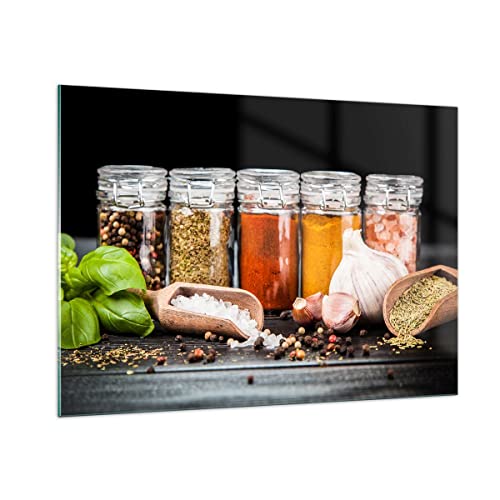 Moderne Impression sur Verre 100x70cm Image Tableau en Verre Decoration Murale Épices ail bois sel Grand Tableaux Decoratifs Muraux Chambre Cuisine Horizontal Deco Cadre Salon Art Wall GAA100x70-2896
