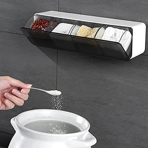 Image of Wall Mounted Spice Storage Box With Spoon For Kitchen, Multipurpose Self Adhesive Seasoning Masala Spice Rack Shelf With Cover,plastic spice rack masala organiser