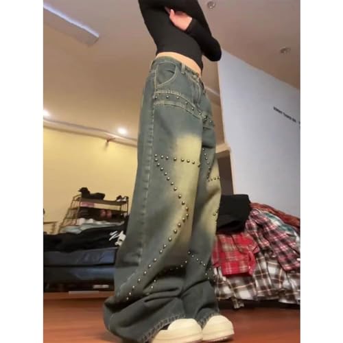 Women's Jeans Y2K Jeans Retro Washed Star Studded Loose Fitting Jeans Straight Leg Pants3