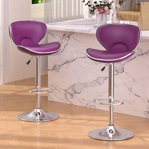 Brage Living Bar Stools Set of 2 Adjustable Swivel Barstools for Kitchen Counter Modern PU Leather Counter Height Bar Chair with Back and Footrest for Kitchen Island Dining Room Caf Pub (Purple)