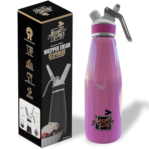 Avenueforty7 Whipped Cream Dispenser 500ml- Durable Aluminum Professional Grade Canister with 3 Decorating Stainless Steel Tips, 1 Cleaning Brush & Charger Holder-Homemade Whipped Cream Maker (Pink)