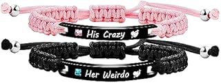 Uloveido His and Her 2pcs Personalized Name Bracelets Set for Couples - Handmade Braided Black Pink String Identity Bracelets for Men and Women Customized for Boyfriend and Girlfriend