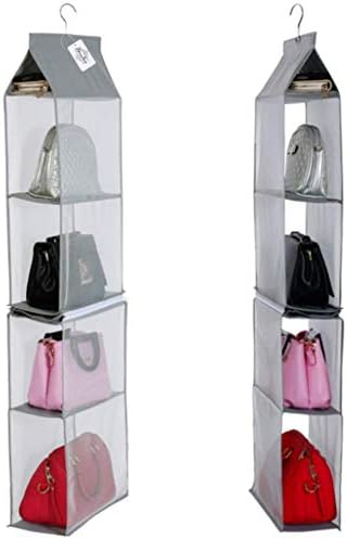 Detachable 4 Big Compartment Pouch Hanging Handbag Organizer Clear Purse Bag Storage Holder Wardrobe Closet Space Saving Organizers System for Living Room Bedroom Use(Pack of 2 Grey)