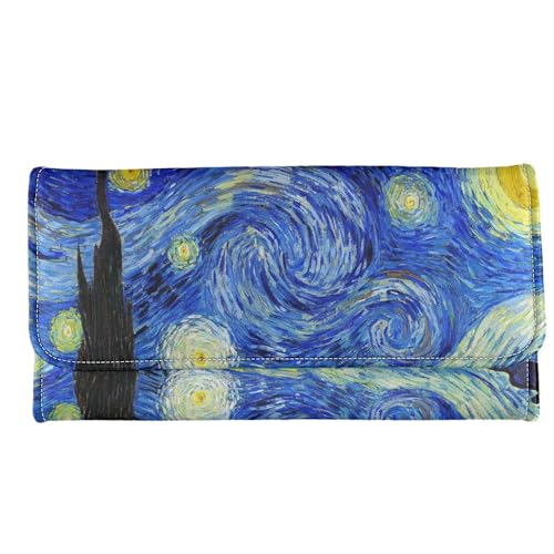 Image of AFPANQZ Starry Night Long Clutch Wallet Women's Casual Leather Wallet Soft Leather Trifold Multi Card Organizer Phone Holder Lady Purse Buckle Zipper Coin Pocket Blue