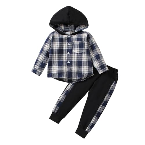 Image of FOCUTEBB Toddler Baby Boys Clothes Plaid Shirt Tops Hoodied Long Sleeve Sweatsuit Pants Fall Winter Outfits 12M-6T