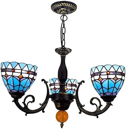 OSCCAR Tiffany Style 3-Light Kroonluchter, Slaapkamer Restaurant Foyer Plafond Hanglamp, Antiek Blauw Gebrandschilderd Glas Omgekeerde Schaduw Hanglamp