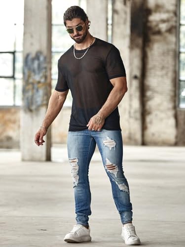 OYOANGLE Men's Sheer Mesh Short Sleeve Round Neck T Shirts Solid Plain See Through Party Tops3
