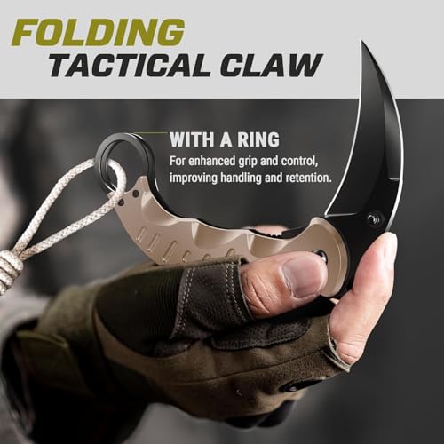 Image of GOOD WORKER Tan Karambit Folding Knife for Men - Military Sharp Tiger Claw Blade - Pocket & Folding Knives for Hunting Camping EDC - Birthday Gifts Ideas for Dad Husband Boyfriend X-42 T