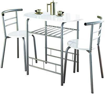 spot on dealz® Modern White High Gloss Small Dining Table and 2 Chairs Set Metal Frame MDF Wood Top Kitchen Dining Room Sets 2 Seater Space-Saving Furniture