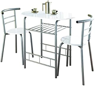spot on dealz® Modern White High Gloss Small Dining Table and 2 Chairs Set Metal Frame MDF Wood Top Kitchen Dining Room Sets 2 Seater Space-Saving Furniture