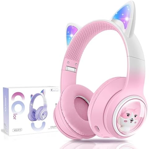QearFun Cat Headphones for Girls Kids for School, Kids Bluetooth Headphones with Microphone & 3.5mm Jack, Teens Toddlers Wireless Headphones with Adjustable Headband for ipad/Tablet/PC（Pink） Cover